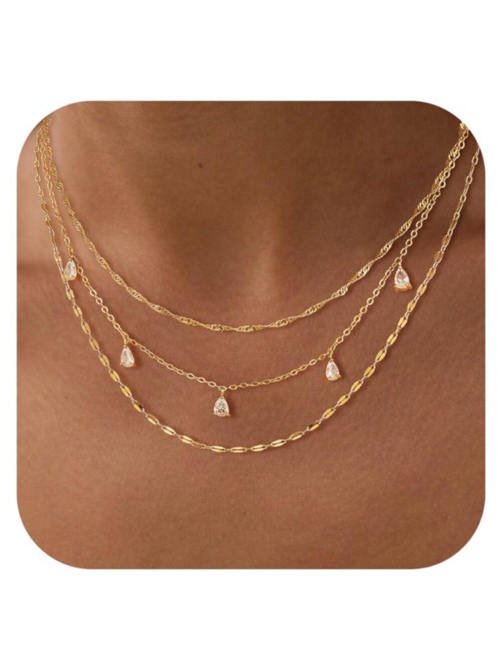 14k Gold Plated Layered Necklace Set CZ Choker Stack Women Jewelry